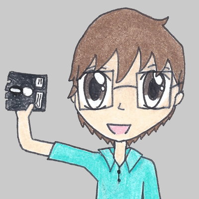 A drawing of a bespectacled brown-haired man holding a floppy disk