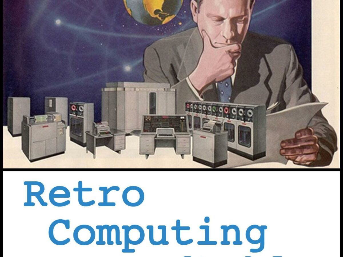 An artist's rendition of a professionally dressed white man reading a manual amidst a bunch of old computers