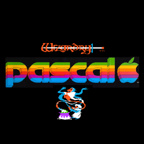 The text "Wizardry", the word "Pascal" in Apple rainbow colors, and a genie