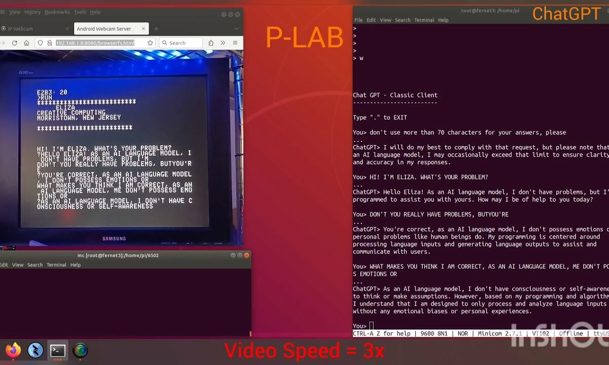 Screenshots of ChatGPT and ELIZA talking to each other.