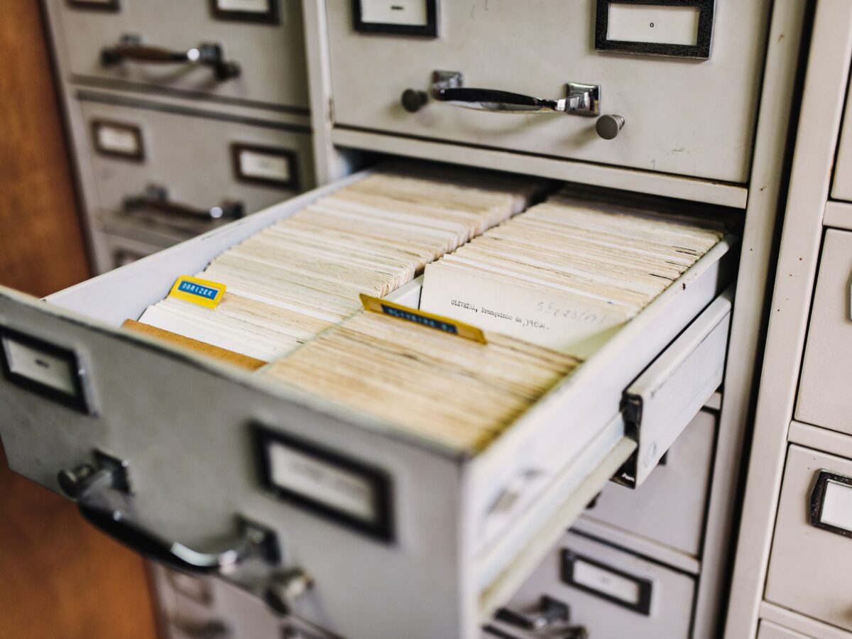 An old-school library card catalog