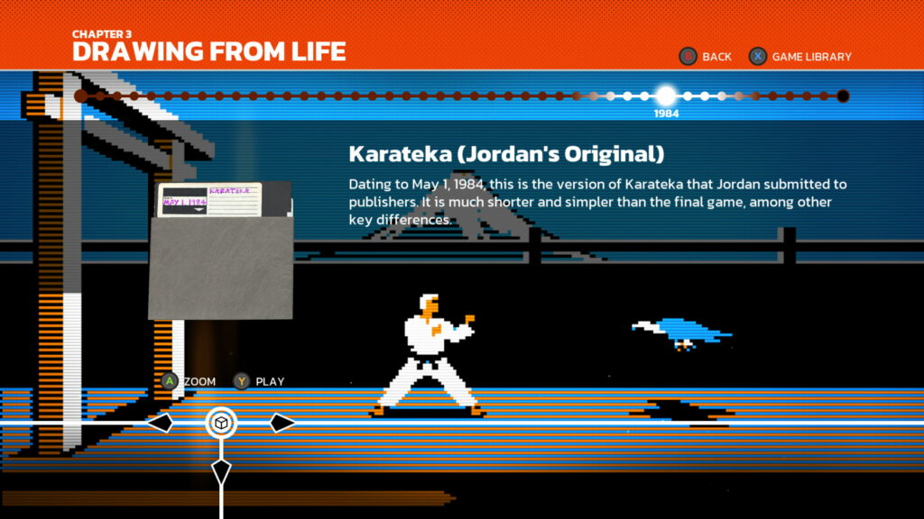 A timeline with a screenshot of Karateka, released in 1984