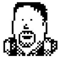 A black-and-white pixel drawing of a man with a goatee