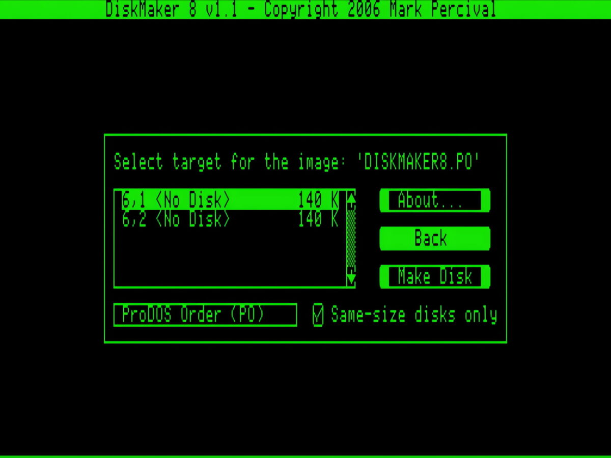 A monochrome screenshot of the DiskMaker 8 interface