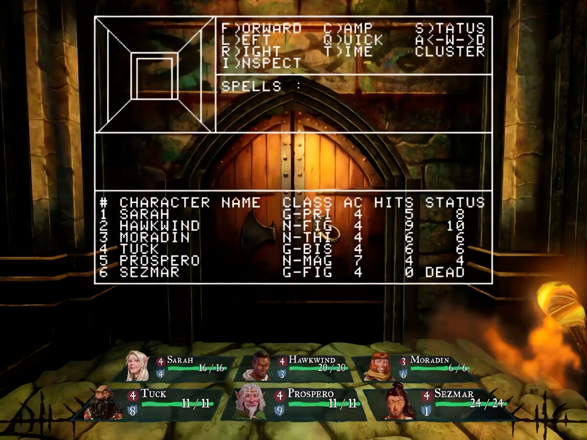 The Apple II interface next to a modern view of a 3D dungeon