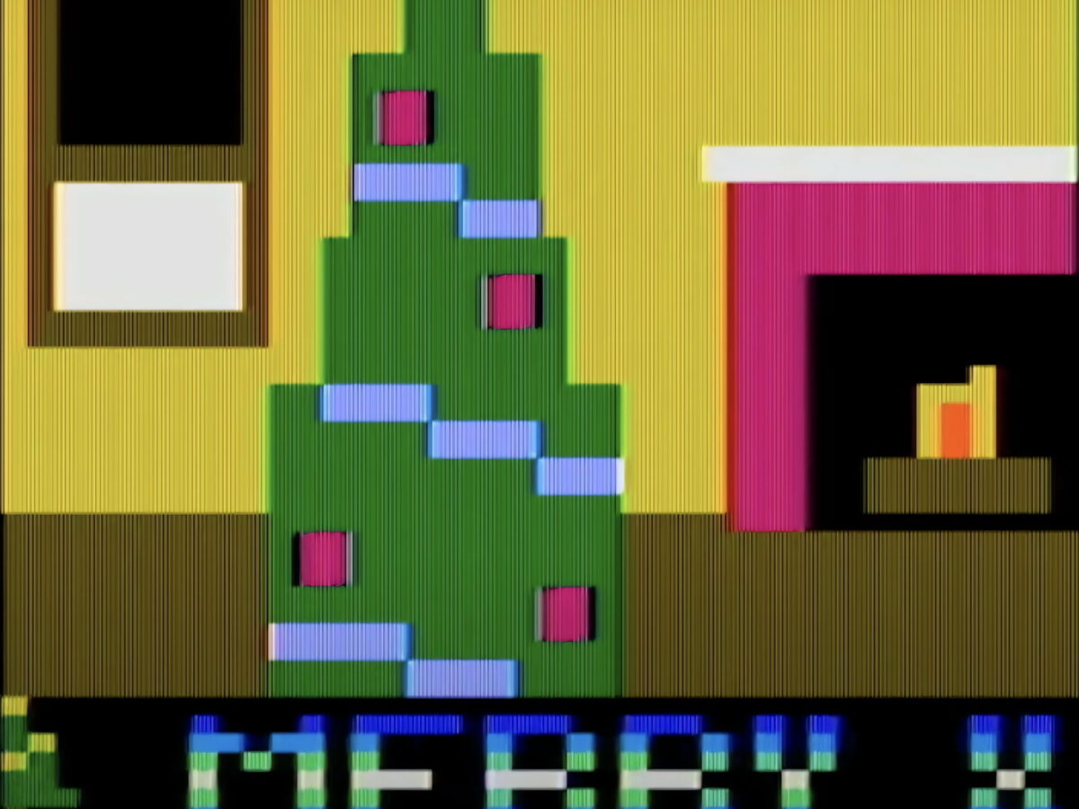 Blocky, low-resolution pixel art of a Christmas tree in front of a window and a fireplace, with the text "MERRY XMAS" beneath it