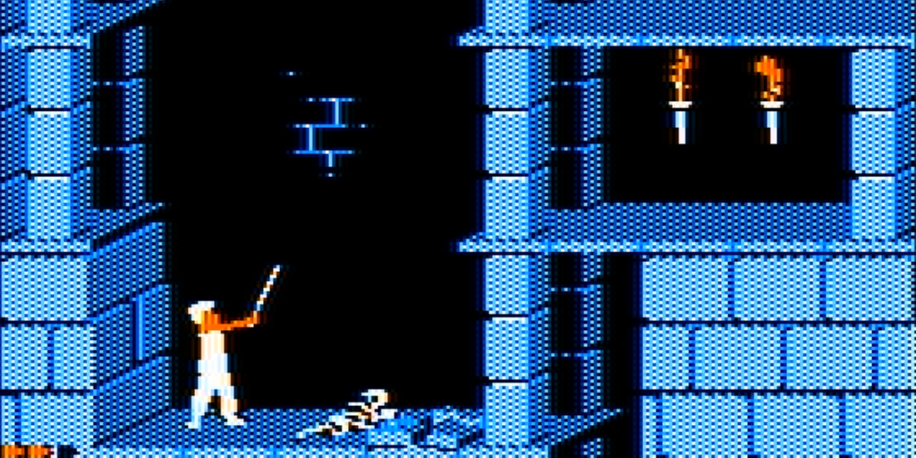 Screenshot of an 8-bit Apple II game where a prince discovers a sword in a dungeon