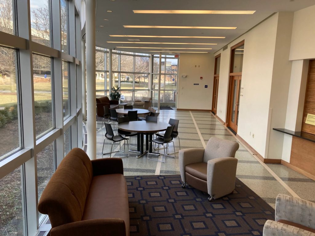 A common area with desks and chairs