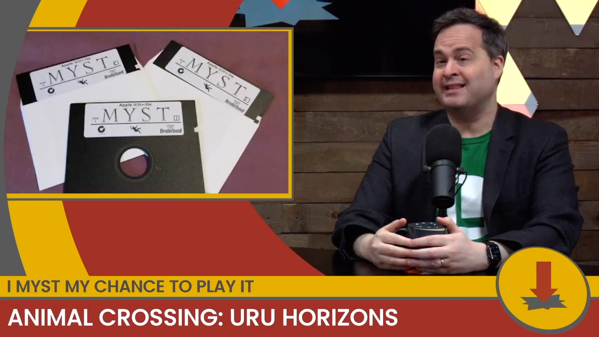 A news report featuring three 5.25" floppy disks with Myst labels on them