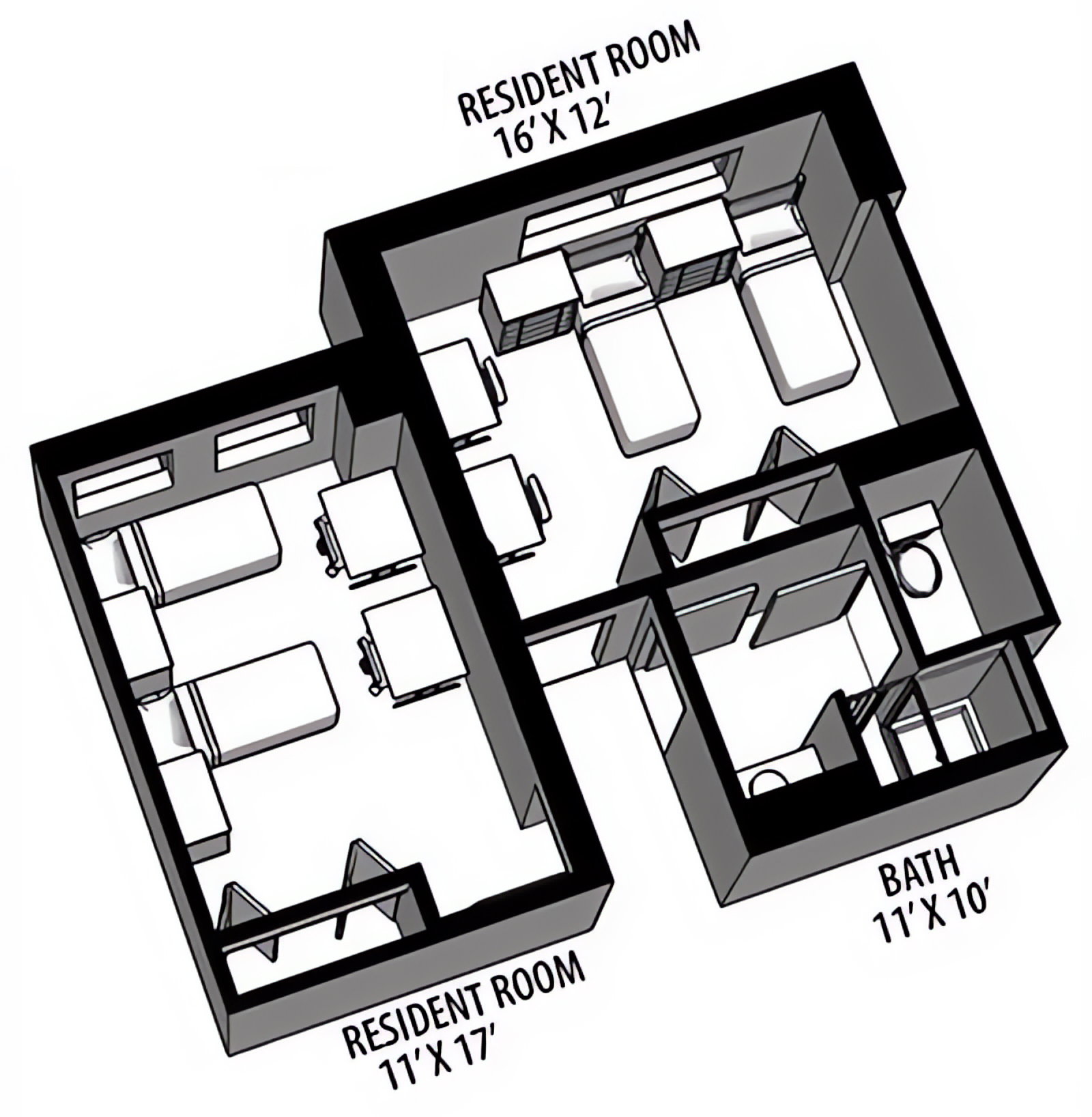 An architectural diagram showing two residence rooms and a bathroom