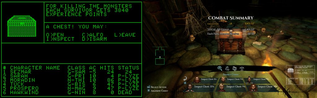 A side-by-side comparison showing the Apple II version and the modern version of Wizardry — specifically, a treasure chest