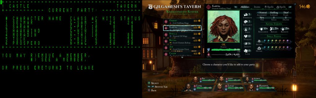 A side-by-side comparison showing the Apple II version and the modern version of Wizardry — specifically, a party roster in a tavern