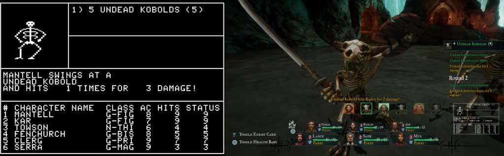 A side-by-side comparison showing the Apple II version and the modern version of Wizardry — specifically, combat with an undead kobold