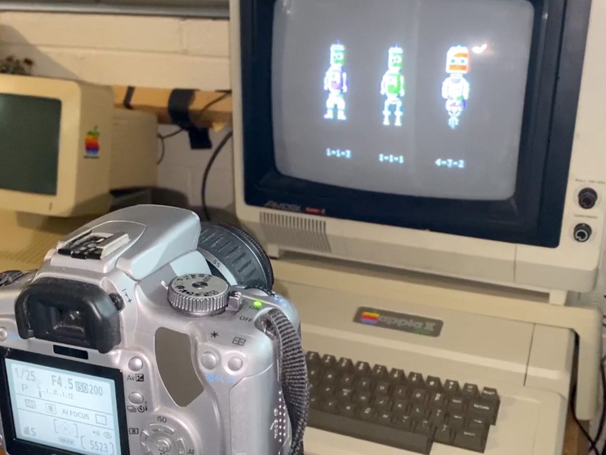 A digital camera pointed at an Apple II monitor