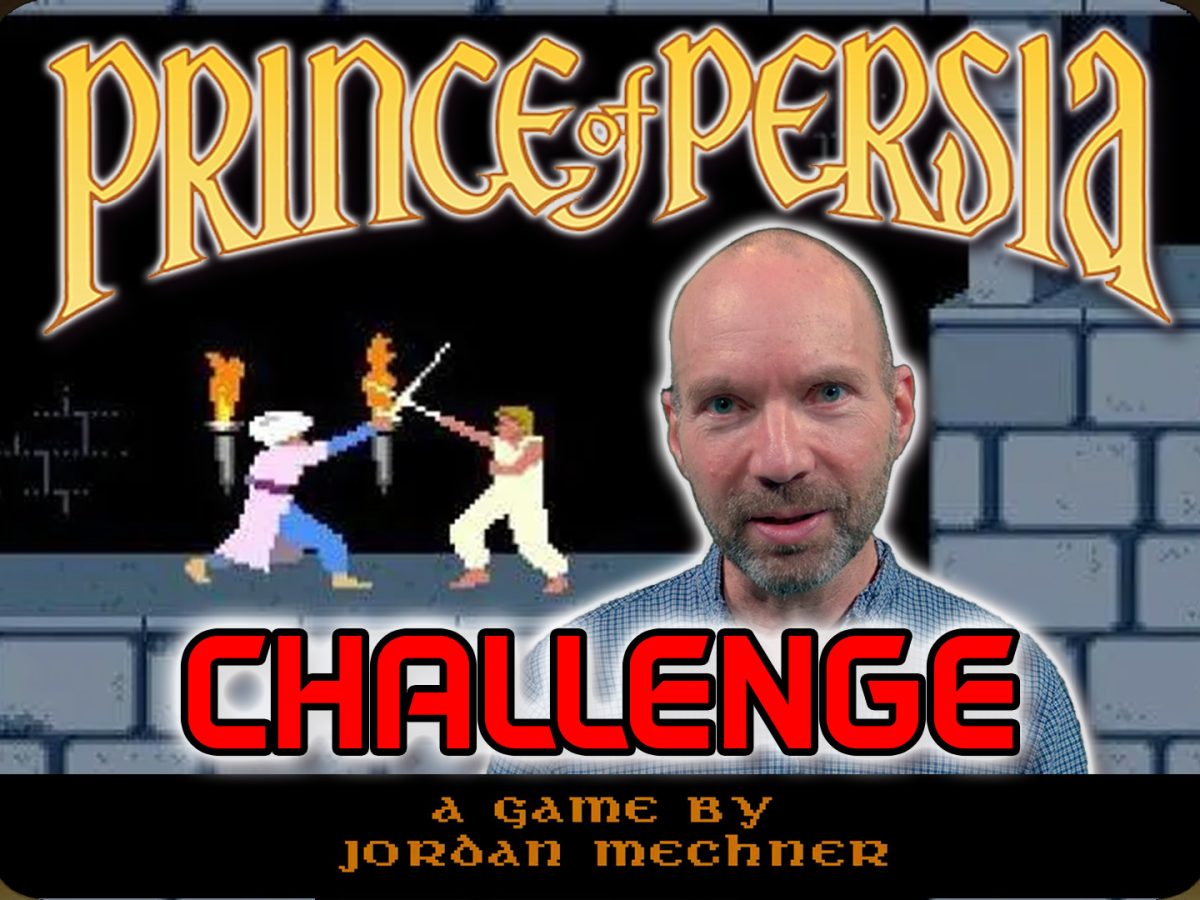 A screenshot of Prince of Persia with Jordan Mechner's bust and the words "Prince of Persia Challenge"