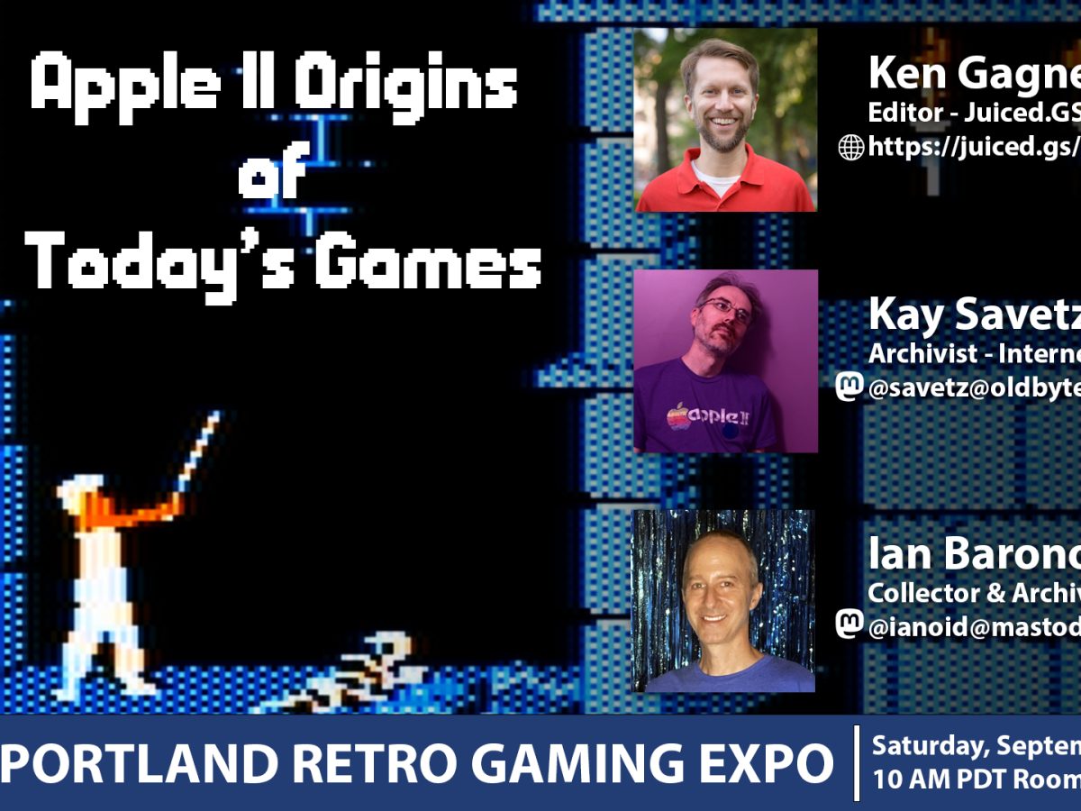 A promotional slide showing the panel's title, date/time, and panelists, set to a screenshot of the original Prince of Persia game.