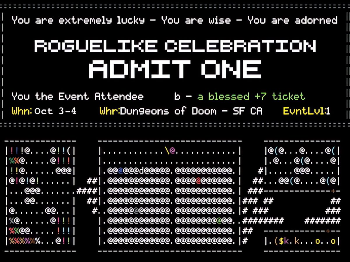 ASCII art of a ticket acting as an invitation to Roguelike Celebration