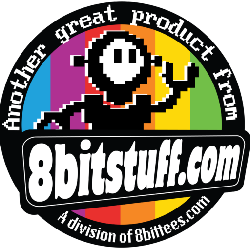 A B&W robot in front of a vertical Apple rainbow and behind the words 8bitstuff.com