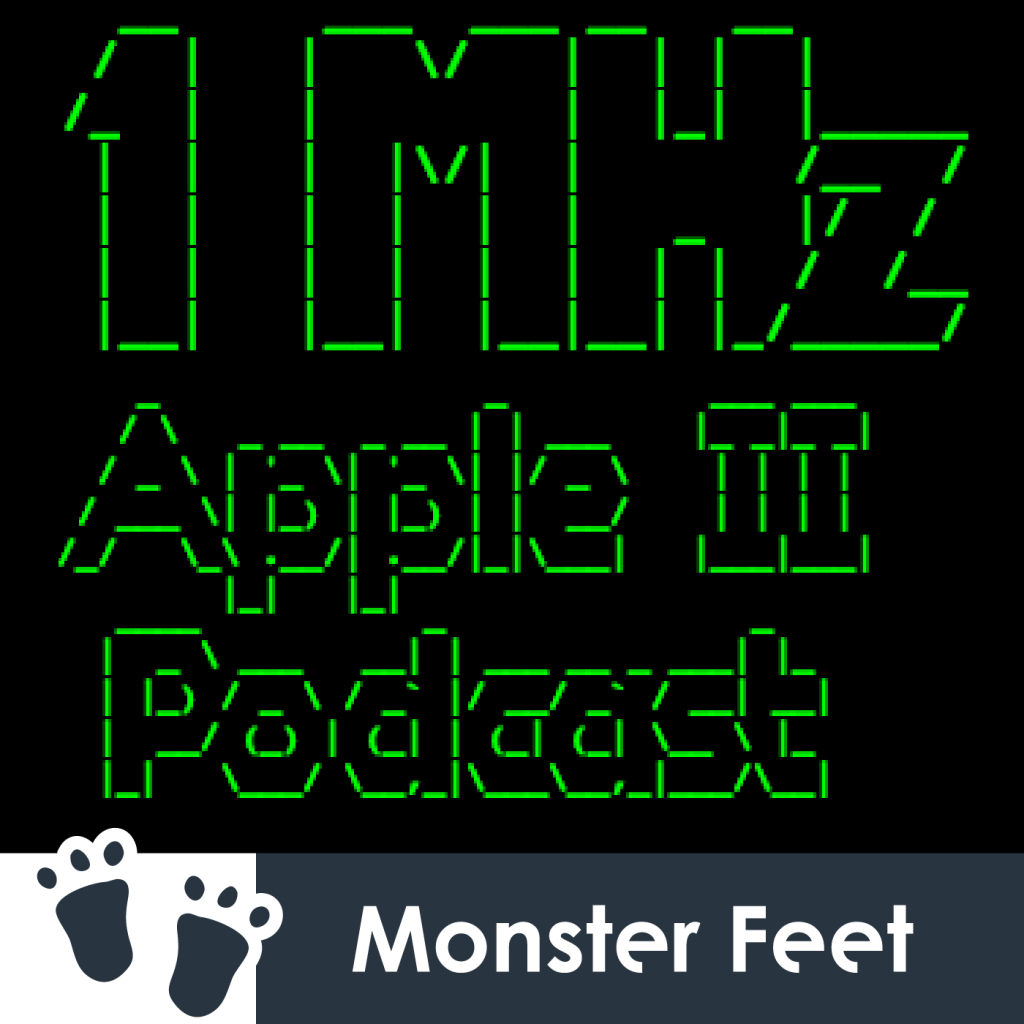 Monochrome ASCII art reading "1 MHz Apple II Podcast" by Monster Feet