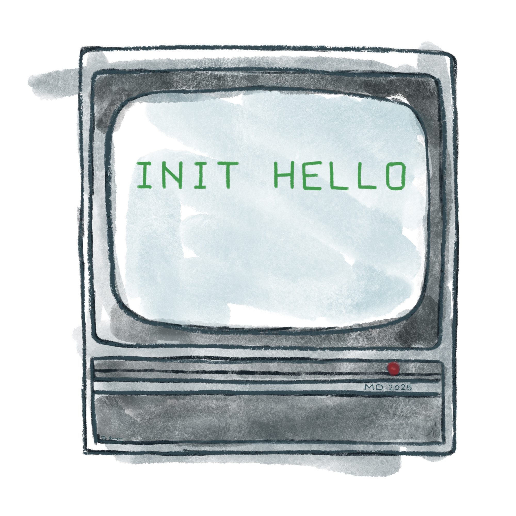 A drawing of a monochrome monitor with the monospaced words INIT HELLO