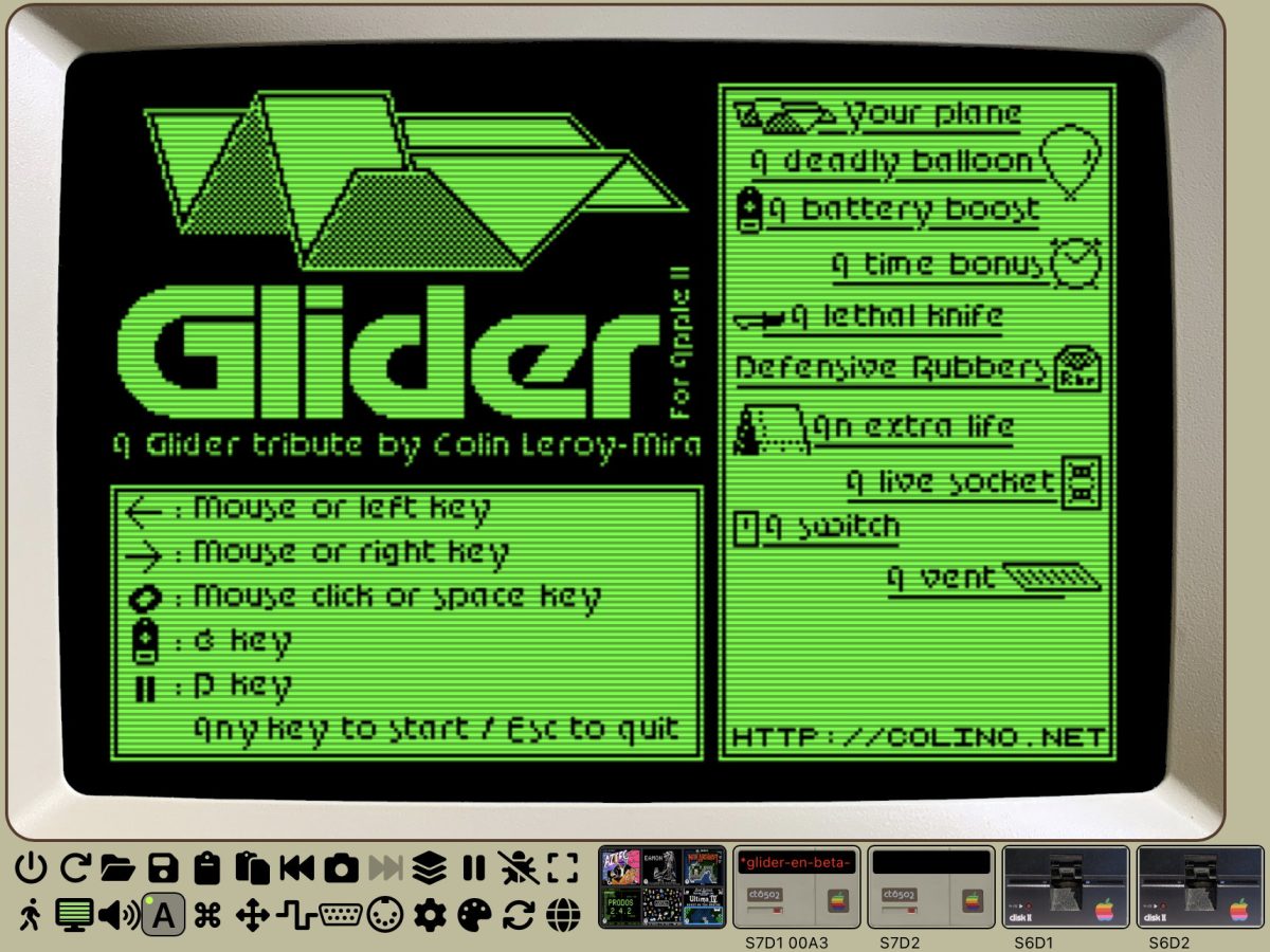 Screenshot of Apple II emulator running the Glider game in a browser window