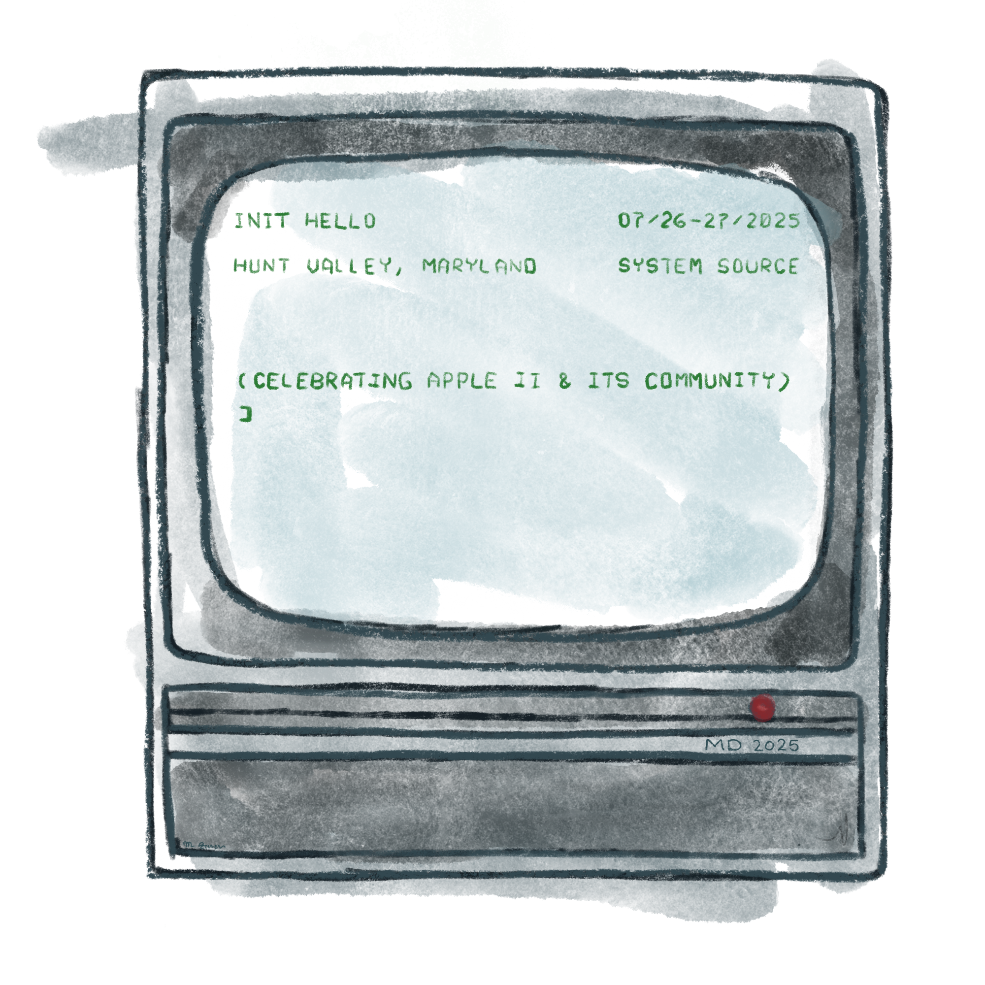 A sketch of an Apple monitor with text