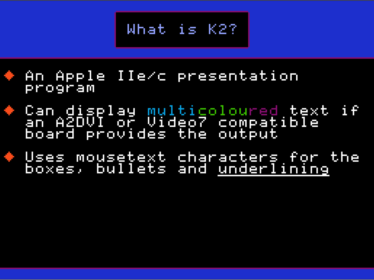 An 8-bit presentation slide with text describing the presentation software