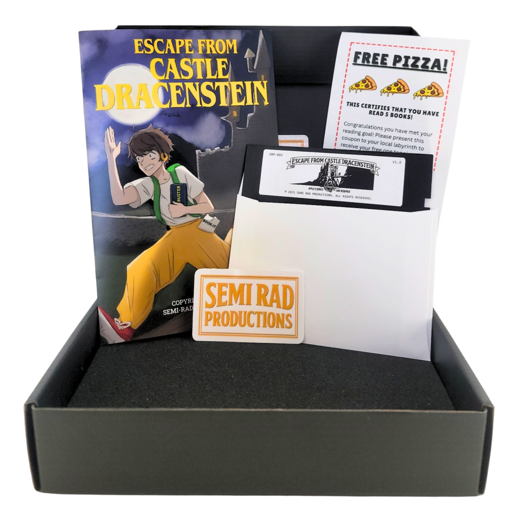 Open box with labeled floppy disk, manual, and sticker