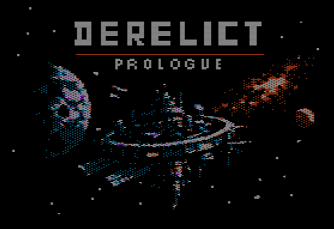 The title screen of a computer game, showing a pixelated space station orbiting an alien planet