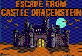 An 8-bit rendering of the front of a medieval castle with the words 'Escape from Castle Dracenstein' above it