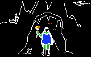 Pixel line art of an explorer wielding a torch and entering a dungeon